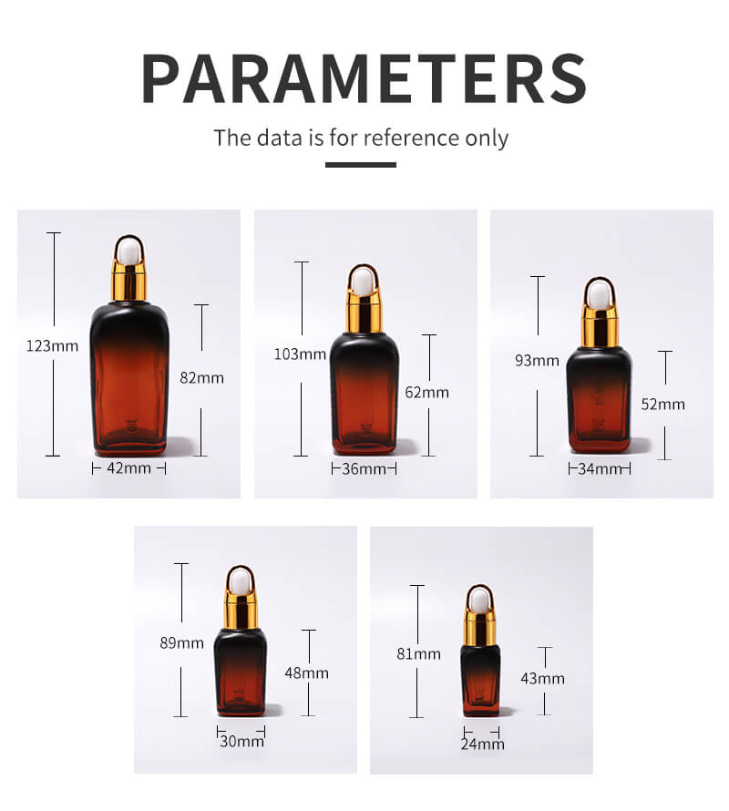 Especificación para botellas de aceite esencial de vidrio de diferentes tamaños