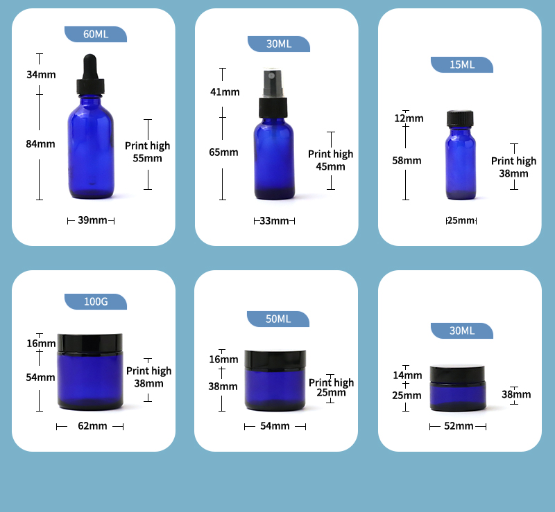 botella de vidrio de suero azul