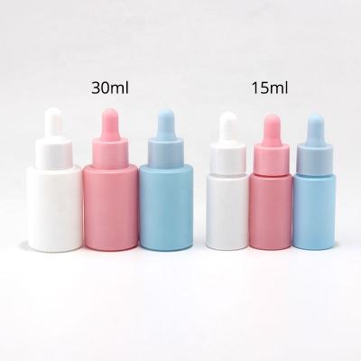 Botella de suero de gotero de vidrio azul rosa blanco mate de 15 ml 30 ml para envases cosméticos
