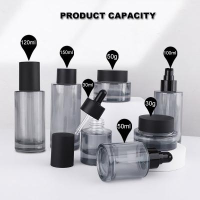 Conjunto de botellas de vidrio de hombro plano gris para envases cosméticos para el cuidado de la piel